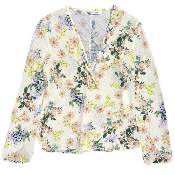 Zara Textured Cream Floral Long Sleeve Sheer Blouse Size Small - Picture 4 of 16